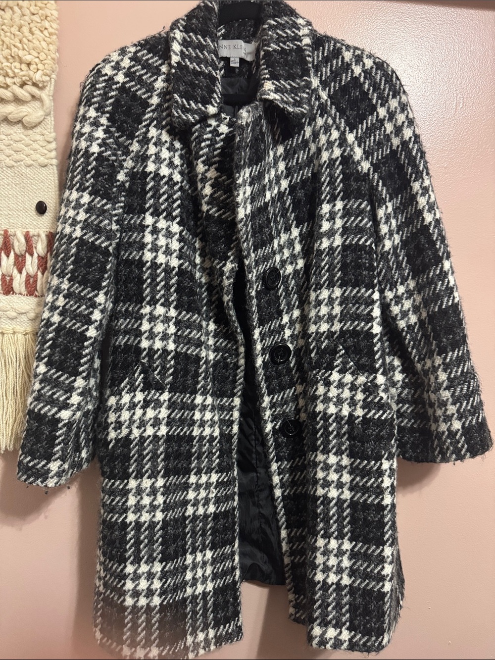 Anne Klein Black & White Plaid Wool-Blend Pea Coat